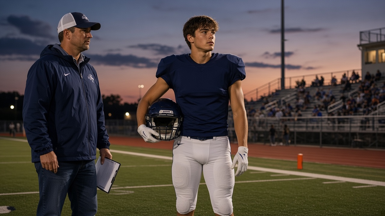 High school football player and coach on the field at dusk
