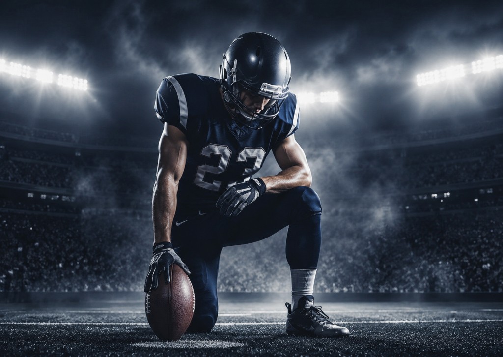 High school football recruit kneeling on the field with a football